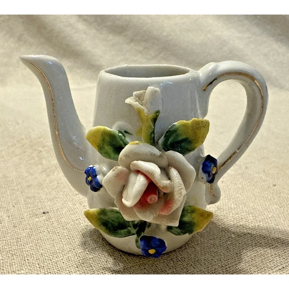 Vintage Miniature White Pitcher And‎ Watering Can with Figural Flower Japan
